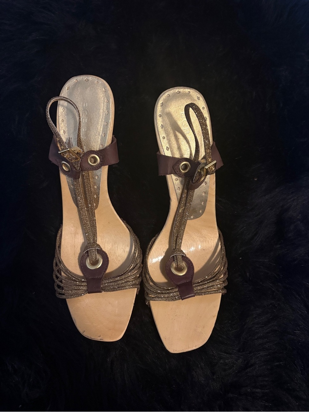 BCBG Brown and Metallic T-Strap Slingback Heels